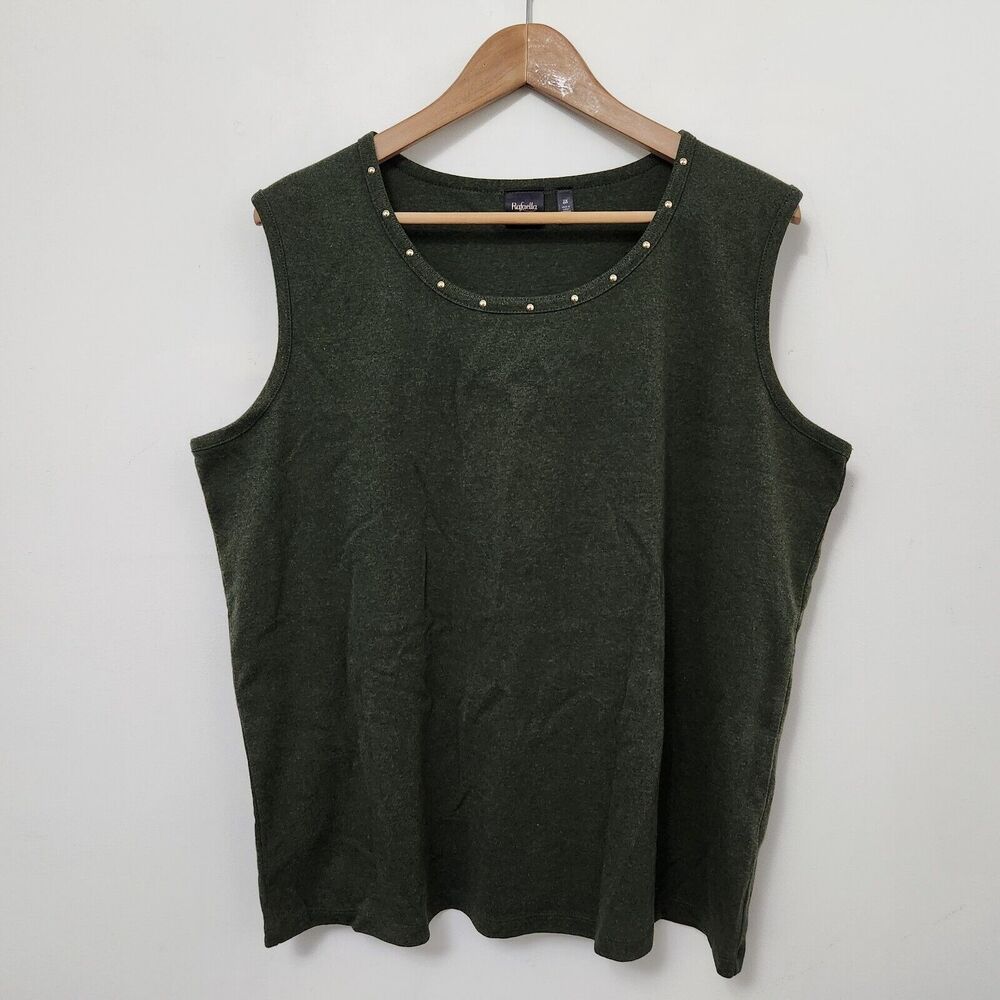 RAFAELLA Women's Green Round Neck Gold Beads Sleeveless Blouse Top Size 2X